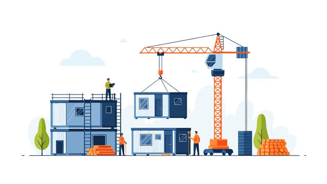 Modular container construction site vector with crane and workers