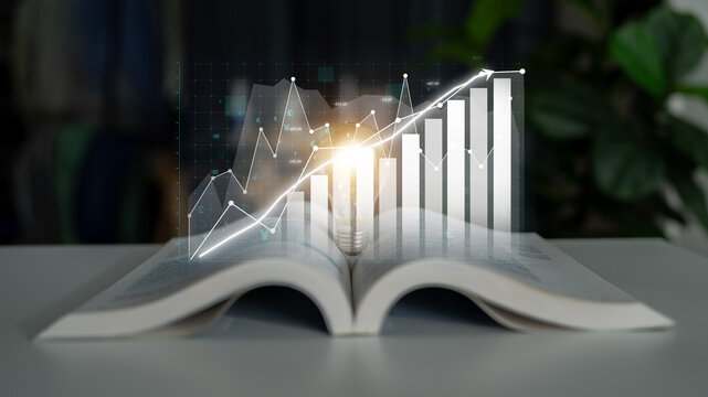 An open book with a digital graph rising above, illuminated by a light bulb, symbolizes the fusion of knowledge and innovation in business growth and financial strategies. Impute