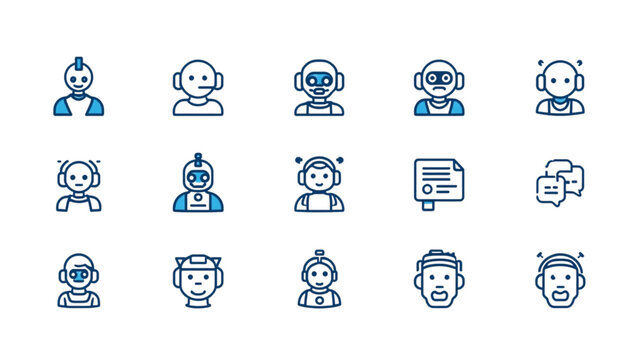 Artificial intelligence customer support robot avatars line icons set featuring chat bubbles online assistants tech operators and futuristic cyborgs