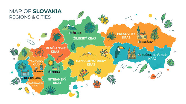 Map of Slovakia Regions & Cities: Colorful Geographical Illustration with Landmarks