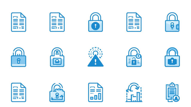 Cyber security and data protection line icons set featuring padlocks secure documents warning alerts analytics charts and privacy symbols
