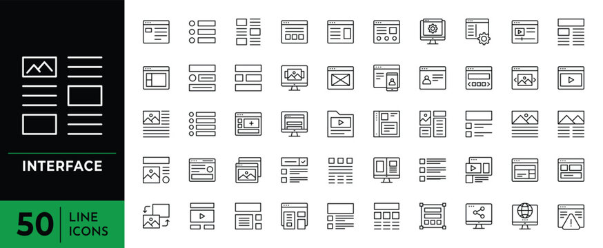Set of professional line icons for user interface and user experience design including web layouts, dashboard widgets, and application wireframes