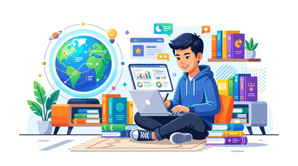 Fototapeta premium Young Man Studying with Laptop and Global Education Concept Illustration