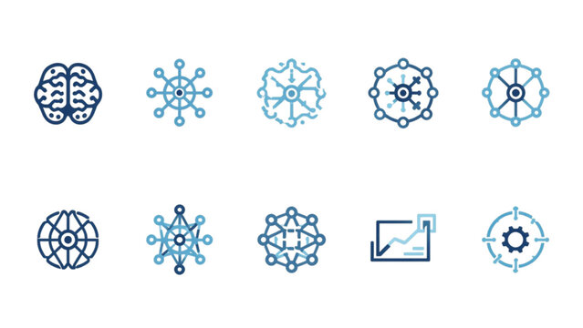Artificial intelligence and neural network line icons set featuring digital brain machine learning models data nodes and technology symbols