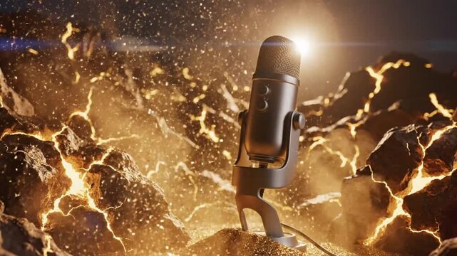 Epic podcast studio concept with microphone surrounded by glowing rocky terrain and sparkling particles in slow motion