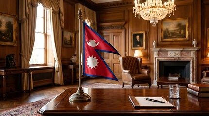 Naklejka premium Nepal Flag on Elegant Desk in Luxurious Executive Office, Symbolizing Diplomacy and Governance