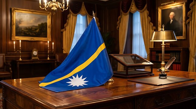 Official Nauru Flag Displayed in a Traditional, Luxurious Government Office Setting
