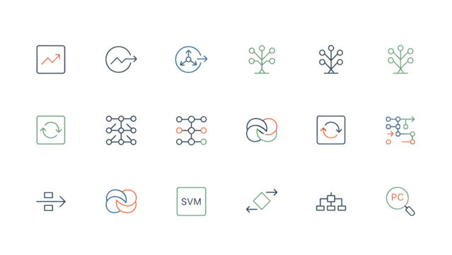 Machine learning line icons set featuring algorithm diagrams data science charts neural networks support vector machines and analytics symbols