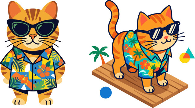 Flat vector illustration of cute ginger cats wearing hawaiian shirts and sunglasses isolated on white background