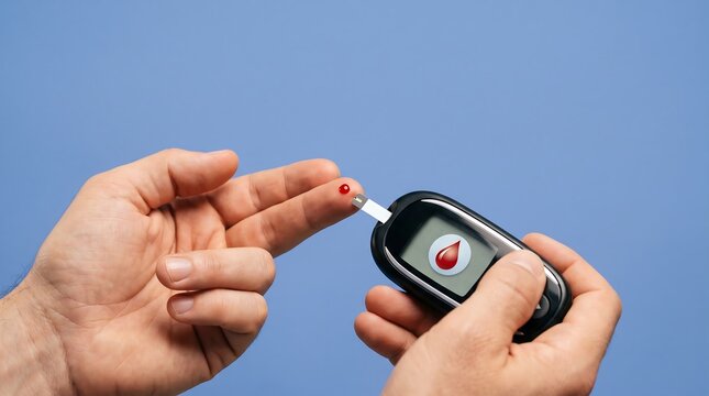 Patient Hands Using Digital Blood Glucose Meter with Test Strip to Measure Blood Sugar Level for Diabetes Monitoring Health Management Medical Pharmaceutical and Healthcare Editorial Licensing