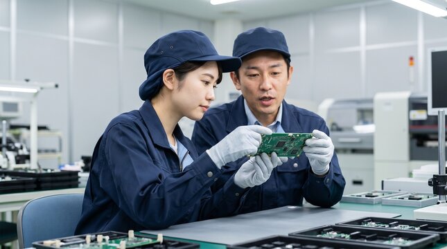 製造業の現場で手元の基板について解説するベテランと若手作業員のOJT風景
