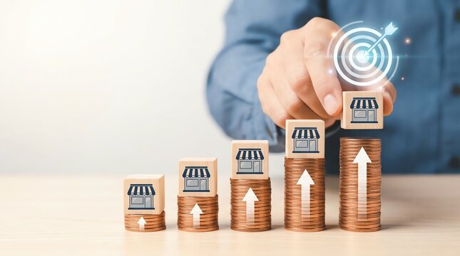 Hand stacking franchise blocks on coin bar chart for business growth and targeting success