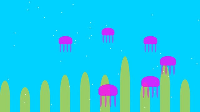 Animated Jellyfish Swimming Among Seaweed Underwater Scene.