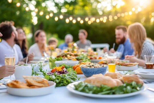 Painting of an outdoor feast with many people, a long table laden with food and drinks as the central focus