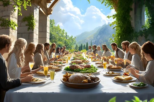 Painting of an outdoor feast with many people, a long table laden with food and drinks as the central focus
