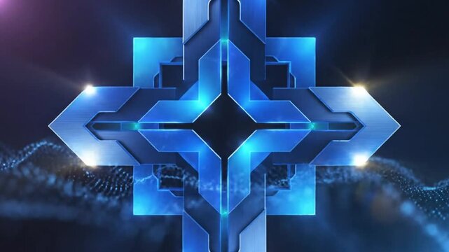 Futuristic abstract blue geometric shape logo intro with evolving animated details and particles on dark background