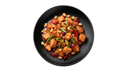 Black plate filled with stir fried korean squid or octopus dish isolated on transparent background cut out © novoradova-png
