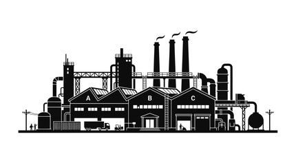 Fototapeta premium Industrial Factory Silhouette, Manufacturing Plant, Production Facility, Industry Landscape