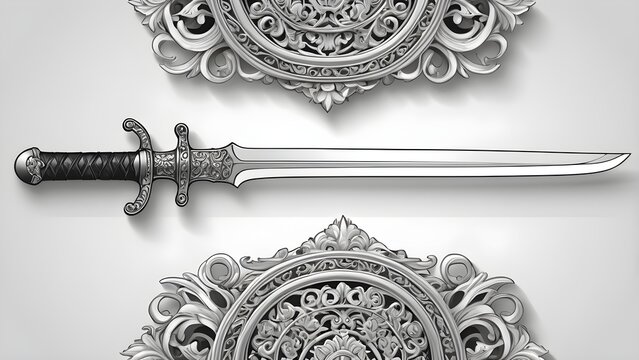Ornate ceremonial dagger with intricate silver handle and polished blade, set against decorative metallic rococo style ornaments.