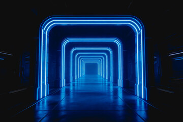 Fototapeta premium A futuristic interior corridor lined with bright blue neon arches, creating a deep, symmetrical tunnel perspective with reflective surfaces.