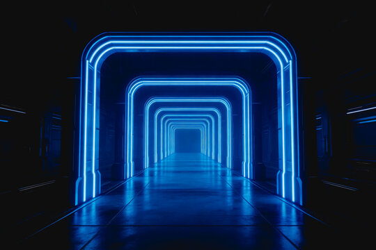 A futuristic interior corridor lined with bright blue neon arches, creating a deep, symmetrical tunnel perspective with reflective surfaces.