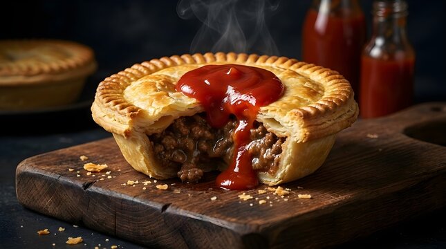 Savory minced meat pie cut open with pouring tomato ketchup on a wooden cutting board