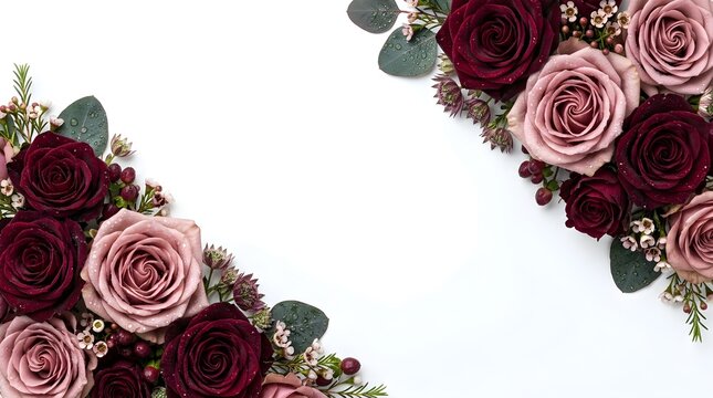 Fresh, deep red burgundy and pink rose corners border a composition on a white background