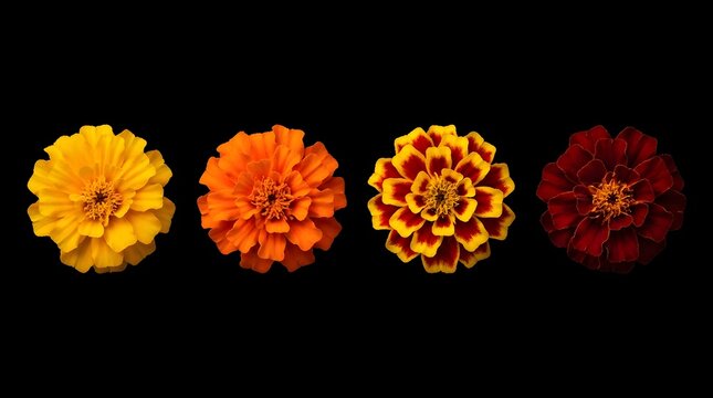 Four different vibrant marigold flower blooms row isolated on a pure black background