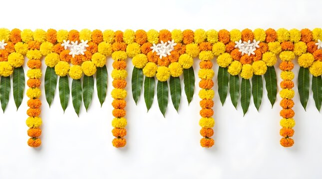 Traditional Indian marigold flower garland toran border with white jasmine and mango leaves