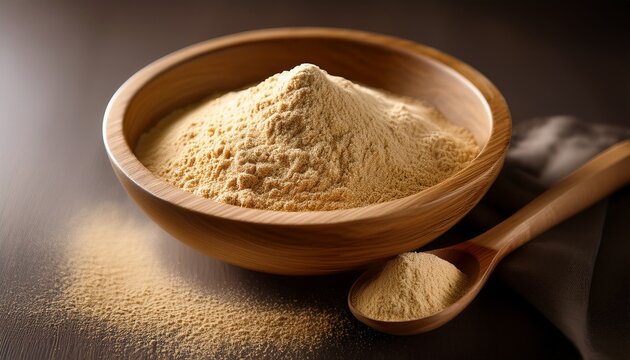 A Shallow Wooden Bowl Filled With Fine Pale Yellow Maca Powder And A Spoon