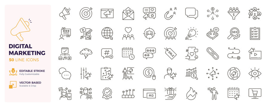 Digital marketing icons. Social media, advertising, SEO and audience engagement thin line icon set. Editable stroke vector illustrations.