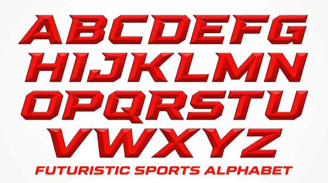 Bold red futuristic sports alphabet with metallic 3d effect