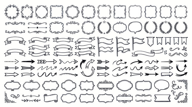 Doodle design elements collection with frames arrows and ribbons