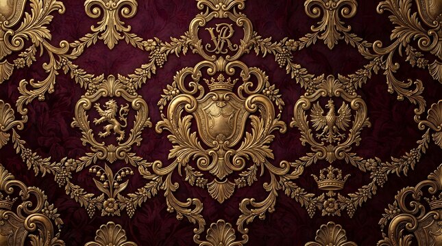 Luxurious baroque pattern in gold relief over burgundy velvet background featuring heraldic crests, crowns, lions and eagles.