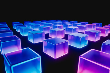 Fototapeta premium A set of glowing square buttons with neon blue and purple edges, arranged in an orderly pattern against a dark background, representing modern digital interface elements.