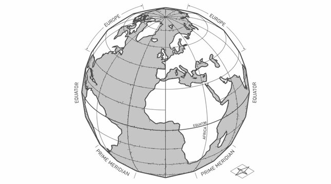 Black and white globe illustration featuring continents and longitudinal grid lines.