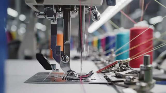 Industrial Sewing Machine in a Textile Factory with Colorful Spools of Thread in Motion