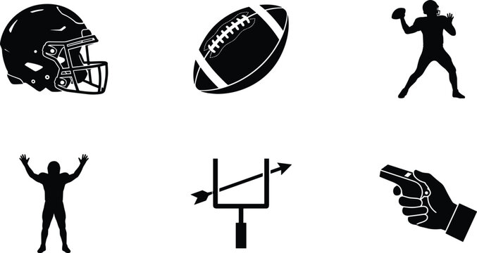 American Football Sports Vector Icon Set Featuring Black Silhouette Shapes of Helmet Ball Quarterback Player Goal Post and Referee Whistle