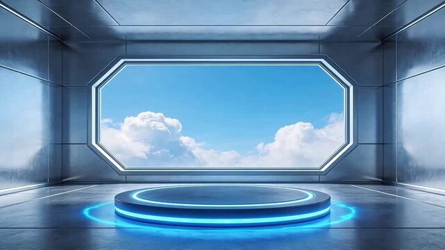 Futuristic room with circular platform and window