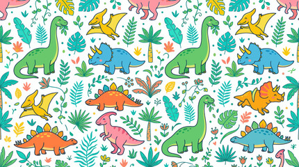 Colorful prehistoric dinosaurs and tropical foliage seamless pattern © Herukloro