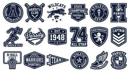 Collection of vintage college sports and varsity athletic badges