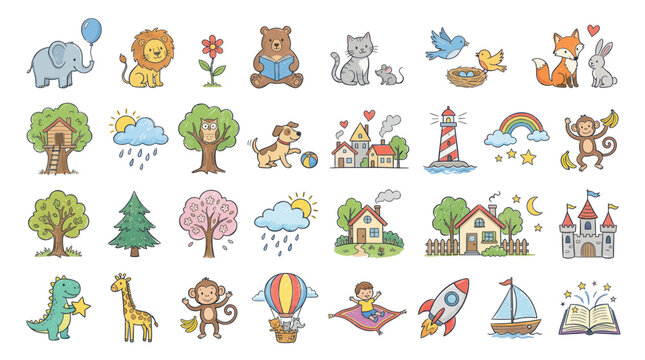 Colorful hand drawn crayon doodle icons for children and nursery