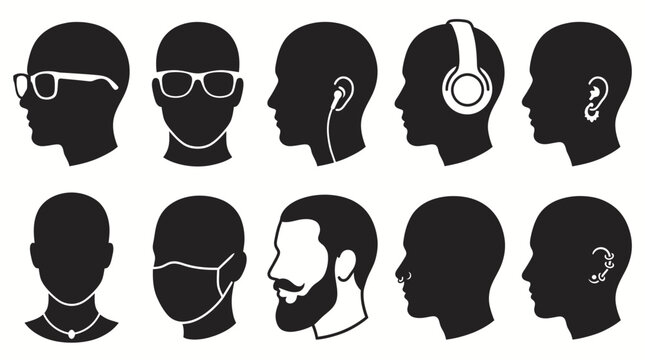 Set of human head silhouette icons with accessories and styles.