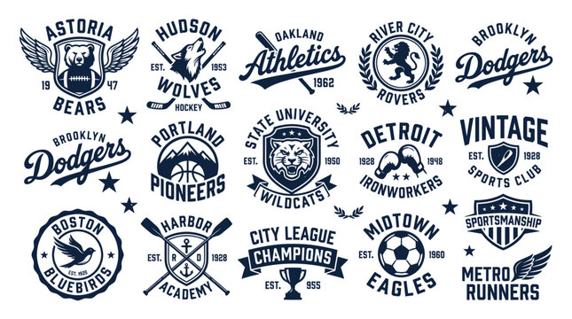 Collection of vintage sports team logos and athletic mascots