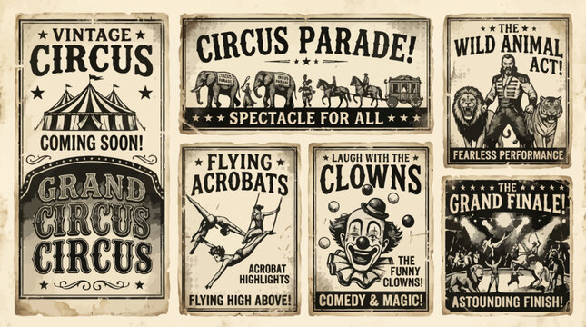 Set of vintage circus and carnival posters with classic typography and illustrations.