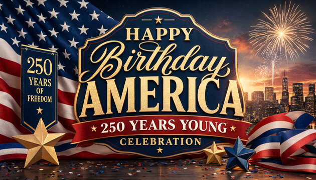 Playful America 250 Years Young graphic for 4th of July 2026