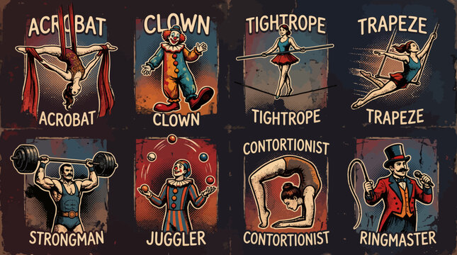 Vintage circus performer illustrations featuring various classic acts in retro style.