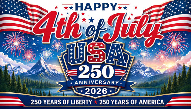 Scenic USA 250 anniversary mountain banner for 4th of July 2026