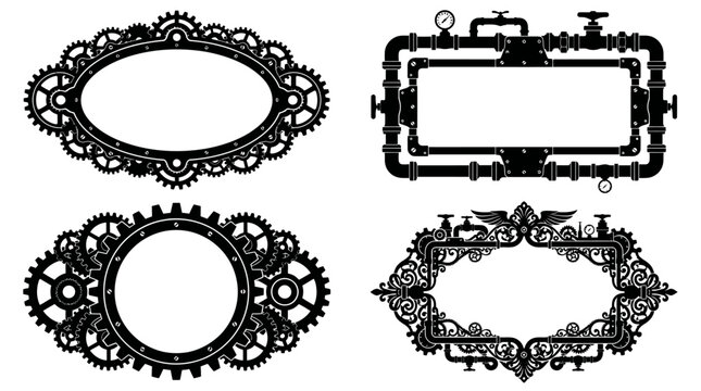 Set of four ornate steampunk frames and mechanical border designs.