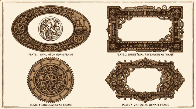 Set of four vintage steampunk style ornate frames with mechanical gear designs.